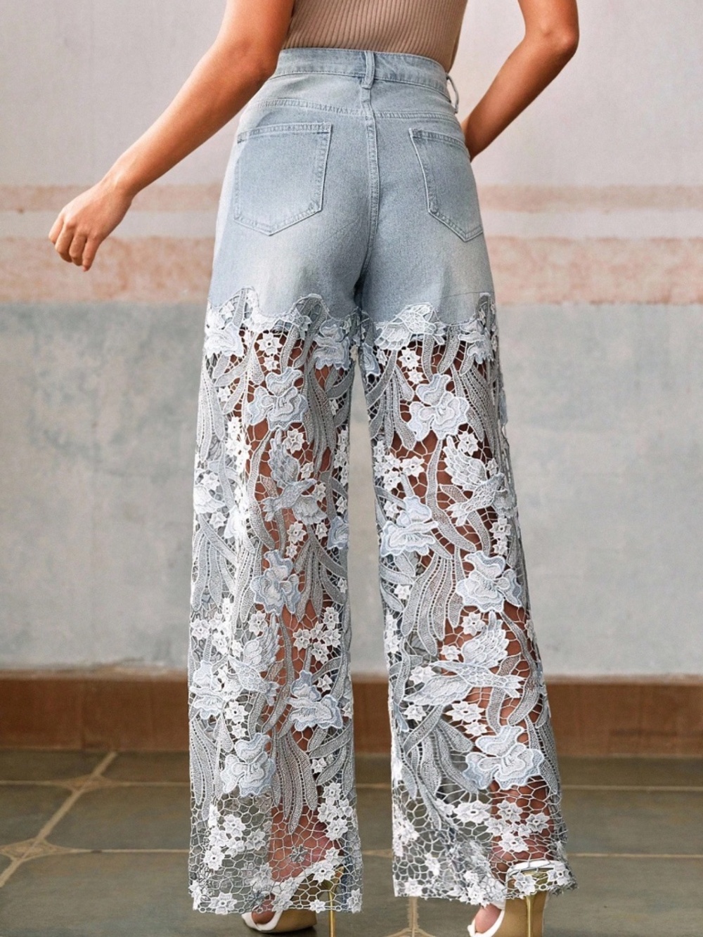Light wash Rhinestone Mid Waist Bird Floral Cut out Straight Leg Denim Jeans - Picture 6 of 6